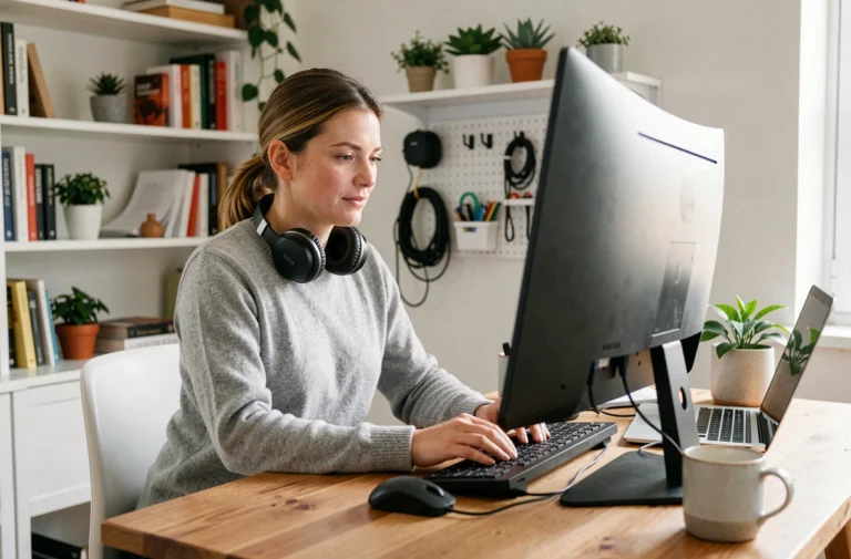 Femme en télétravail à un bureau ergonomique avec double écran, casque sans fil et accessoires organisés dans un espace home office scandinave