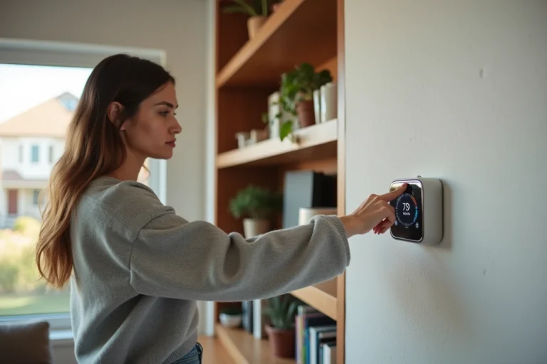 Femme réglant un thermostat intelligent dans un salon moderne pour optimiser la consommation énergétique