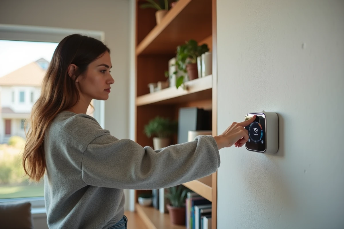 Femme réglant un thermostat intelligent dans un salon moderne pour optimiser la consommation énergétique