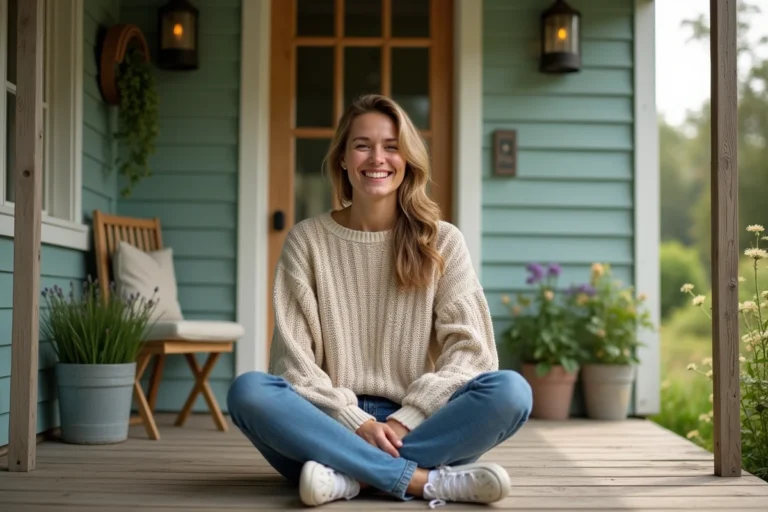 Femme souriante sur la véranda d'une cabane de jardin