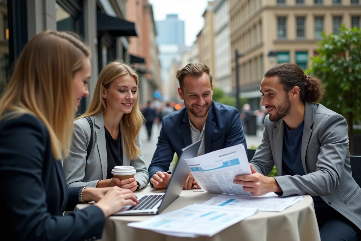 Groupe de jeunes professionnels discutant au café