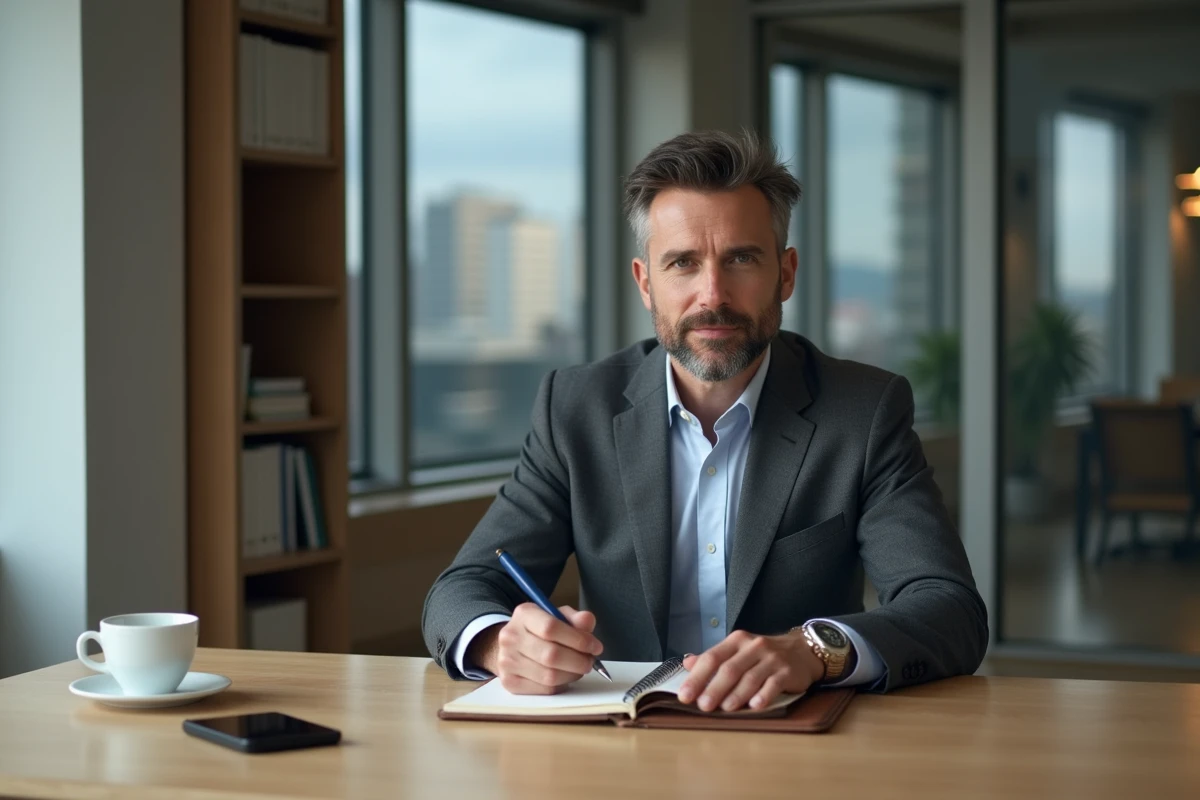 Homme d'affaires en costume prenant des notes dans un bureau exécutif avec vue urbaine, évoquant les conseils pour réussir dans le monde des affaires