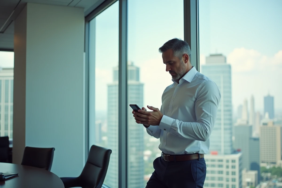 Homme d affaires regardant son smartphone près d une fenêtre urbaine