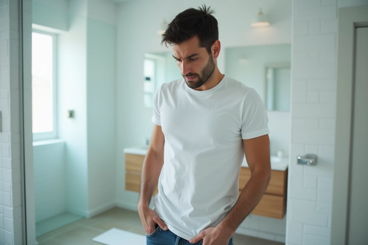 Homme debout sur une balance dans une salle de bain moderne, symbolisant la surveillance du poids lors d'un traitement médicamenteux comme le Stresam