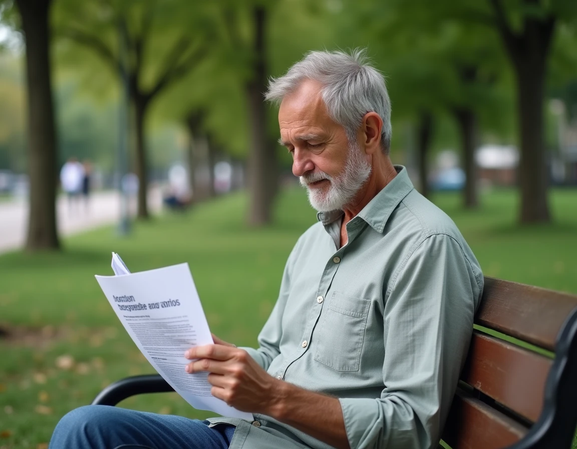 Homme d'une cinquantaine d'années lisant une brochure sur les procédures d'adoption dans un parc, illustrant la démarche d'adoption tardive