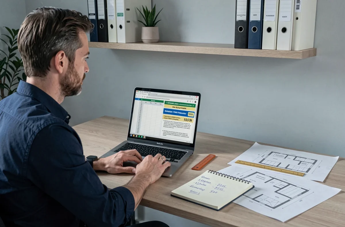 Homme comparant des devis de rénovation en ligne sur un ordinateur portable dans un bureau à domicile