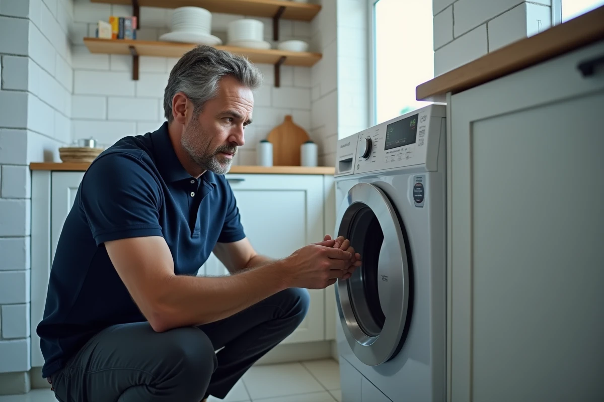 Homme lisant l'étiquette énergétique d'un lave-linge pour choisir un appareil électroménager économe en énergie