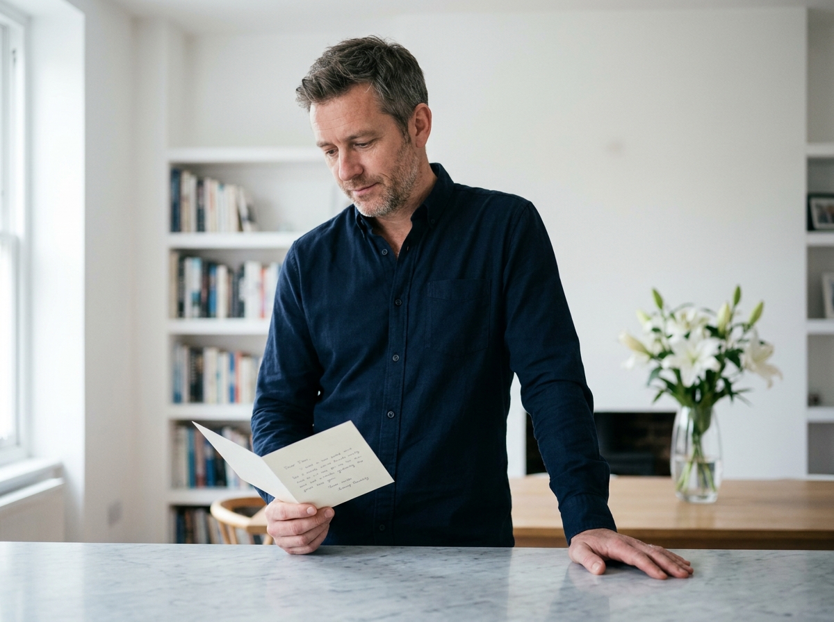 Homme lisant une carte de remerciement après un deuil, expression recueillie dans un intérieur moderne et épuré