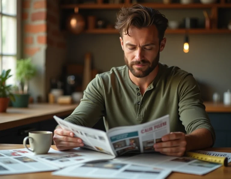 Homme lisant le magazine du bricolage à une table de cuisine en bois, entouré d'outils et de pages de projets DIY