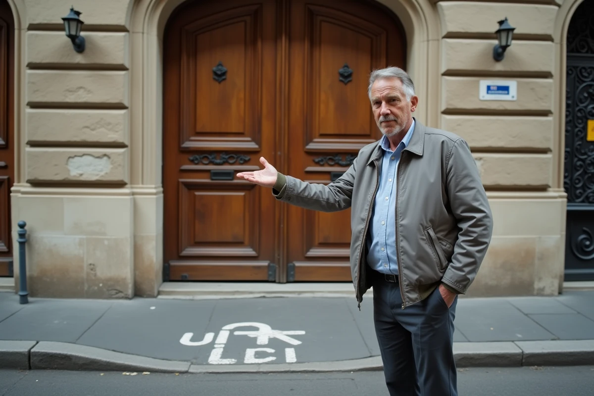 Homme désignant le marquage au sol d'une sortie de garage dans une rue parisienne