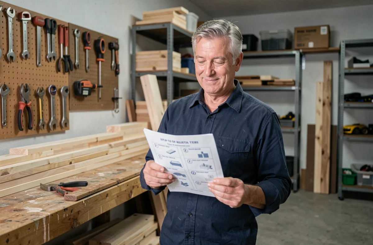 Homme dans un atelier de bricolage lisant un quiz sur les connaissances de la maison