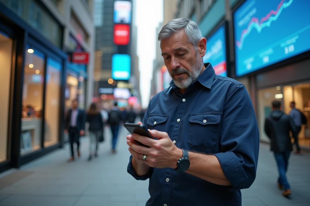 Homme en ville consultant des informations et tendances en temps réel sur son smartphone dans une rue animée