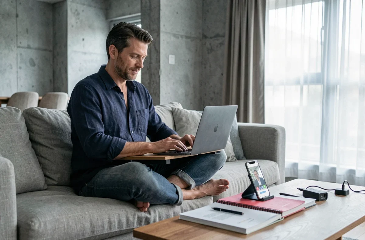 Homme en télétravail sur canapé avec laptop, lap desk et smartphone pour rester joignable, dans un appartement moderne aux murs en béton