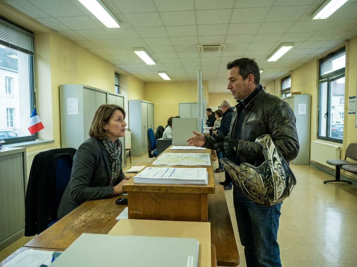 Un motard présente ses documents pour homologuer une moto cross dans un bureau administratif en France