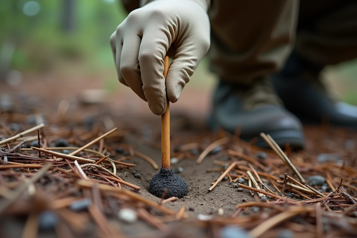 Naturaliste avec gant en latex pointant des crottes de serpent sur un sol forestier à l'aide d'un bâton en bois, pour identification en milieu naturel