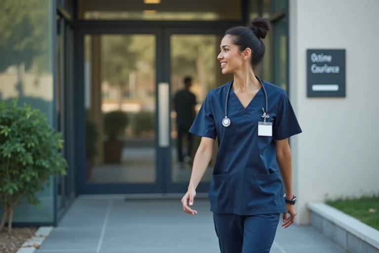 Infirmière souriante en blouse navy devant l'entrée moderne de la polyclinique