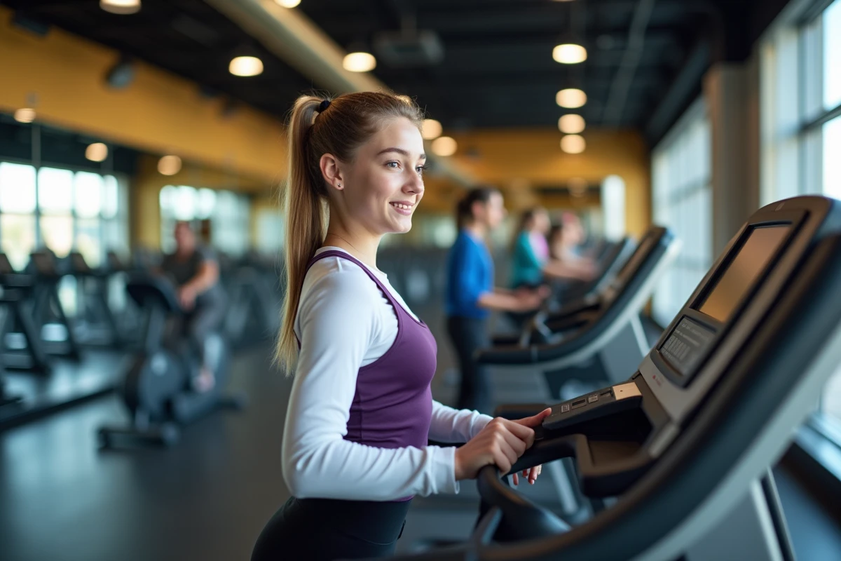 Jeune adolescente de 16 ans s'entraînant sur un tapis de course dans une salle de sport moderne