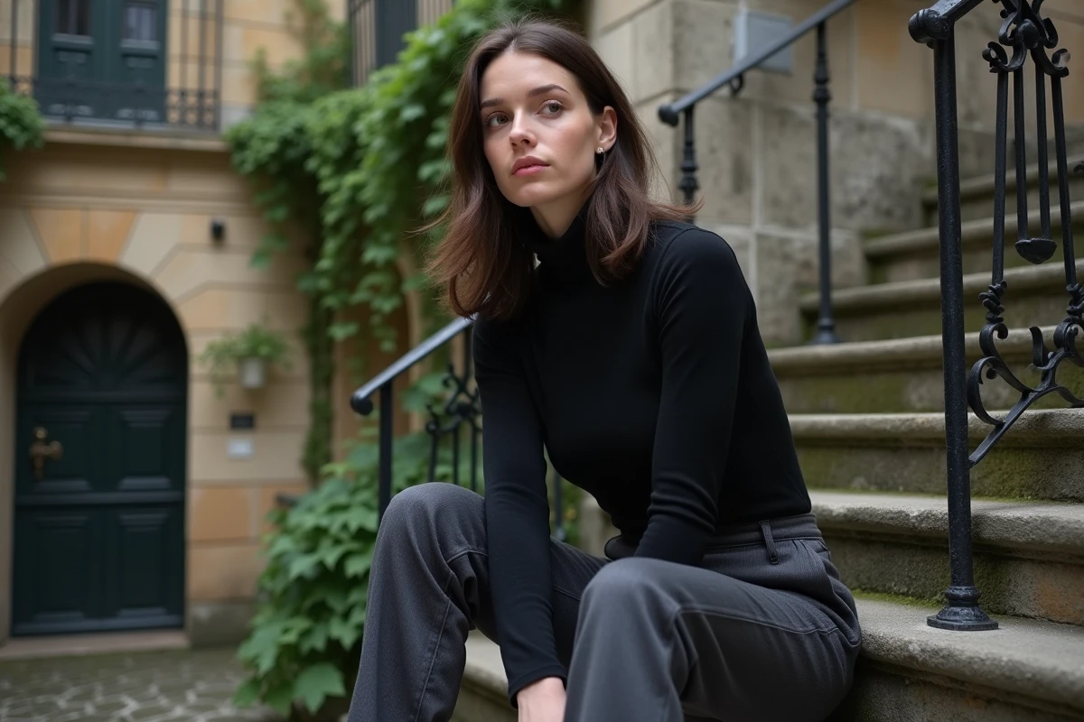 Jonge vrouwelijke artiest in casual outfit zittend in een Europese stedelijke binnenplaats met stenen muren