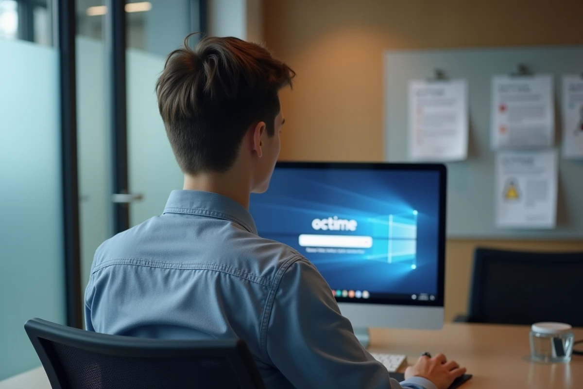 Jeune employé assis devant son ordinateur dans l