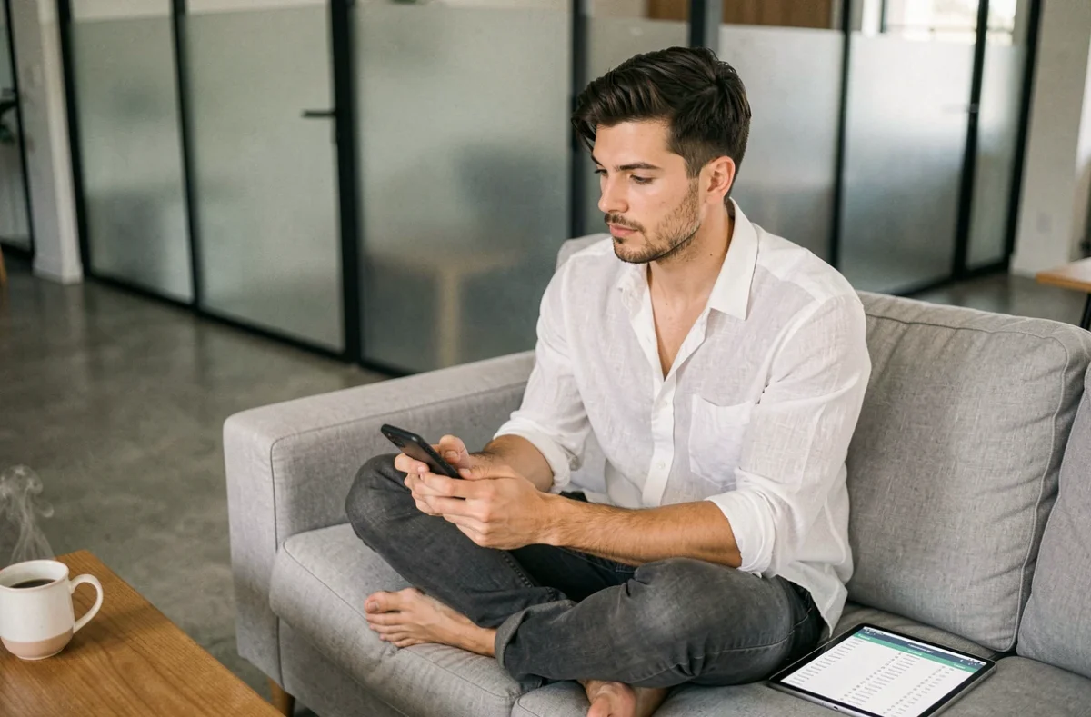 Jeune entrepreneur consultant son smartphone pour gérer son activité de commerce en ligne depuis chez lui