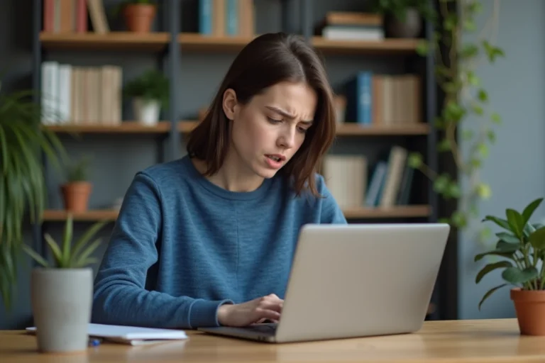 Jeune femme concentrée travaillant sur son ordinateur dans un bureau moderne