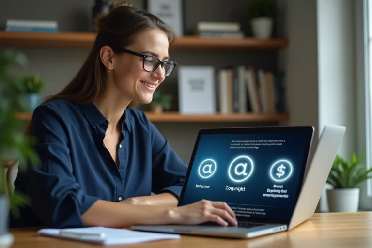 Jeune femme en bureau moderne examine symboles de copyright