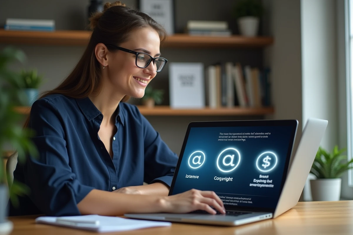 Jeune femme en bureau moderne examine symboles de copyright