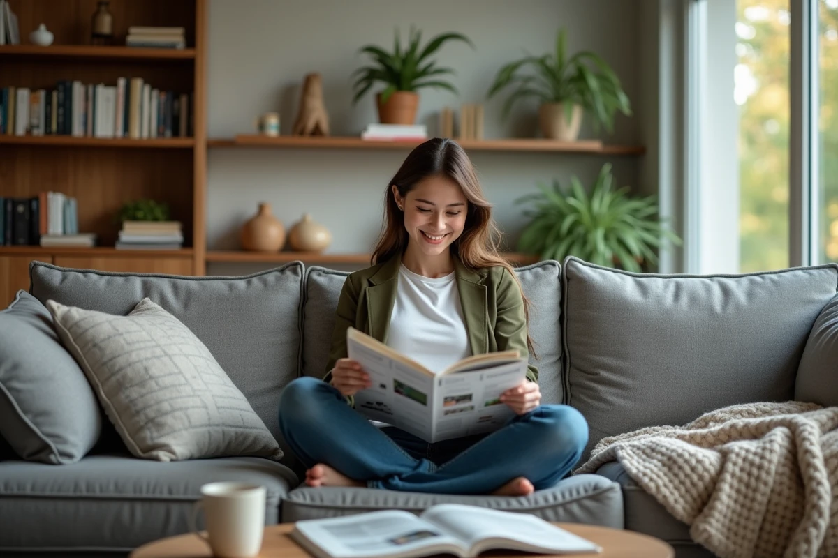 Jeune femme lisant un magazine financier dans un salon cosy