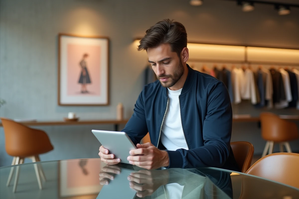 Jeune homme en style décontracté utilisant une tablette de mode
