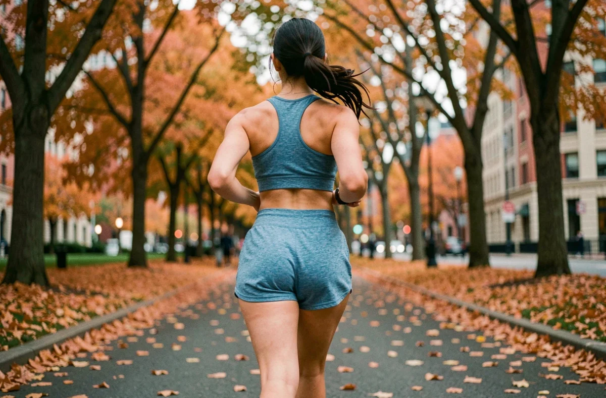 Femme faisant du jogging dans un parc urbain en automne pour améliorer sa santé physique et son bien-être
