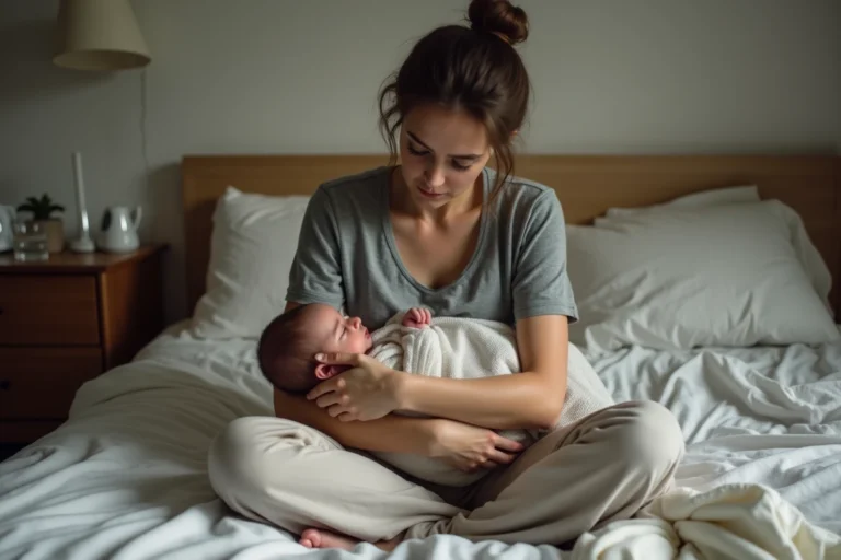 Jeune mère épuisée tenant son nouveau-né contre elle dans une chambre au petit matin, expression authentique de maternité non idéalisée