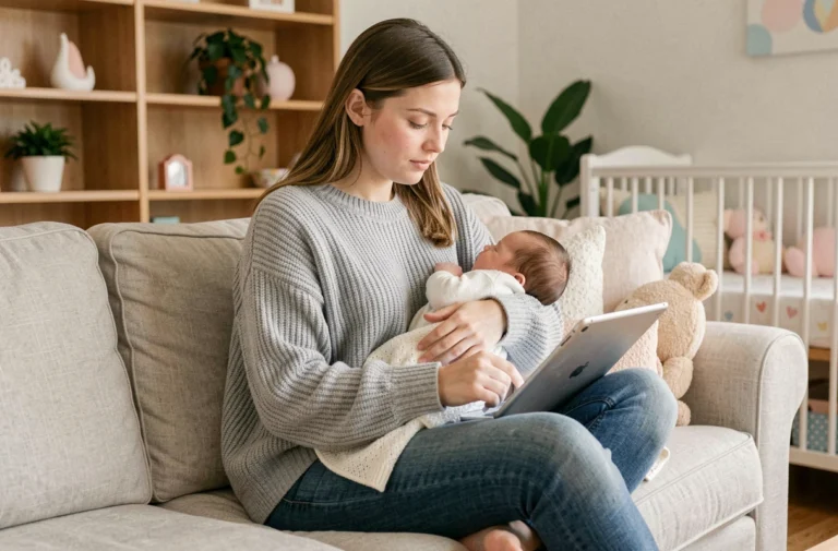 Jeune mère allaitante consultant des ressources parentales sur tablette dans un salon cosy