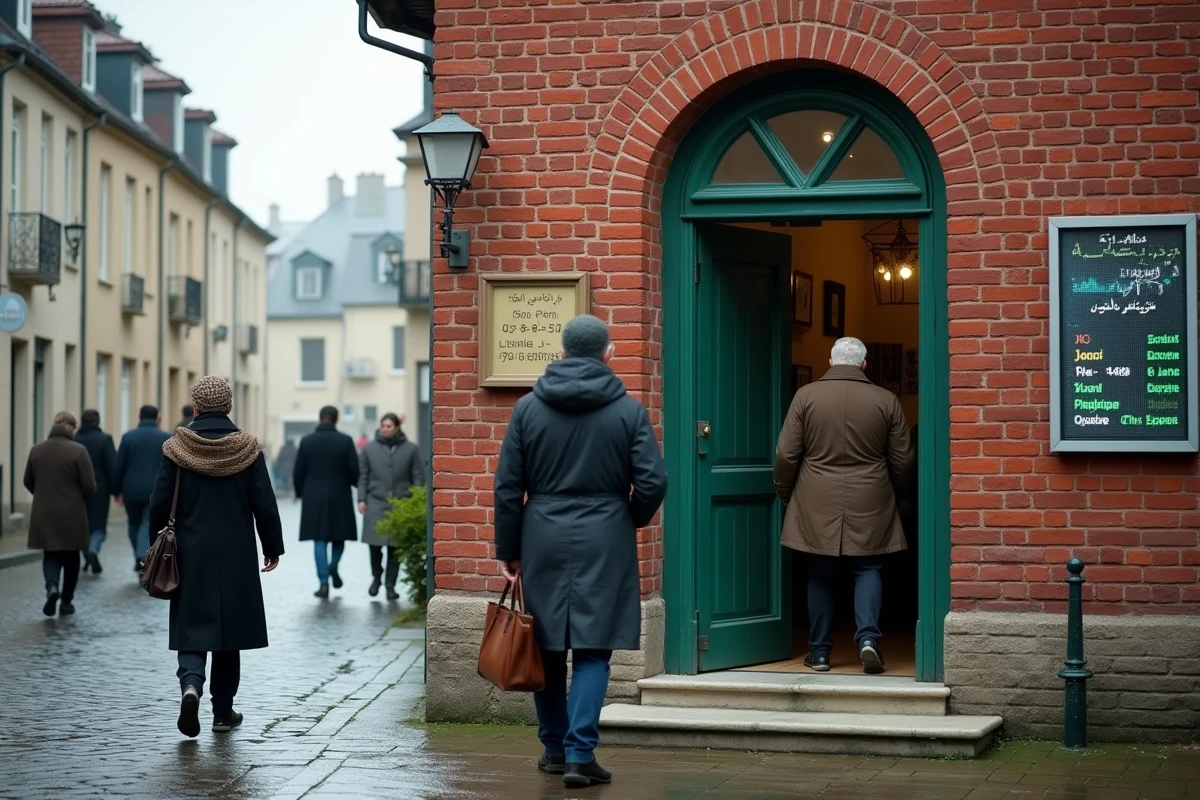 Entrée d'une mosquée à Compiègne avec affichage des horaires de prière en façade