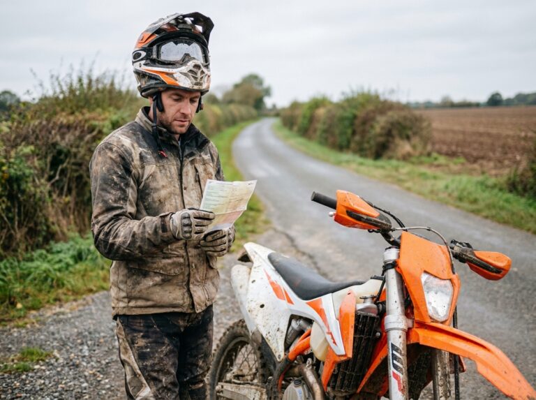 Motard en tenue enduro consulte des documents réglementaires au bord d'une route française, avec une moto cross garée à ses côtés