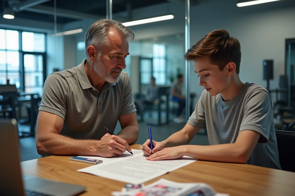 Parent et adolescent de 14 ans signant un formulaire de consentement parental pour l'inscription en salle de sport