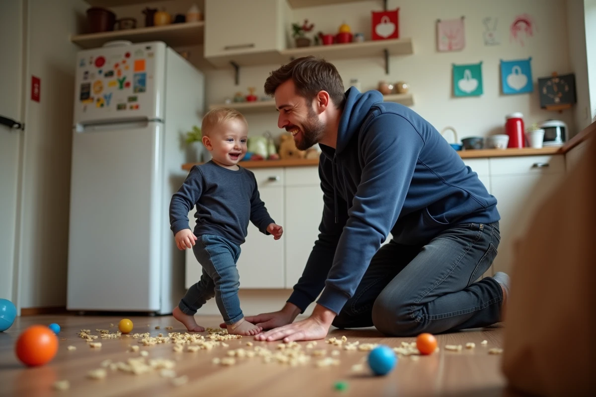 Père aidant son jeune enfant à faire ses premiers pas dans une cuisine familiale désordonnée, moment de parentalité joyeux et authentique