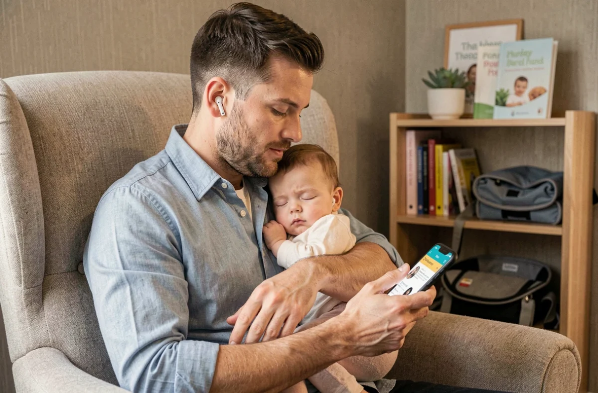 Jeune père écoutant un podcast de parentalité sur smartphone tout en tenant son nourrisson endormi