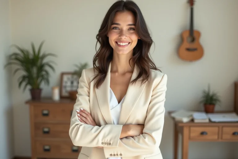 Portrait éditorial d'une jeune femme talent montante en blazer crème dans un studio créatif moderne