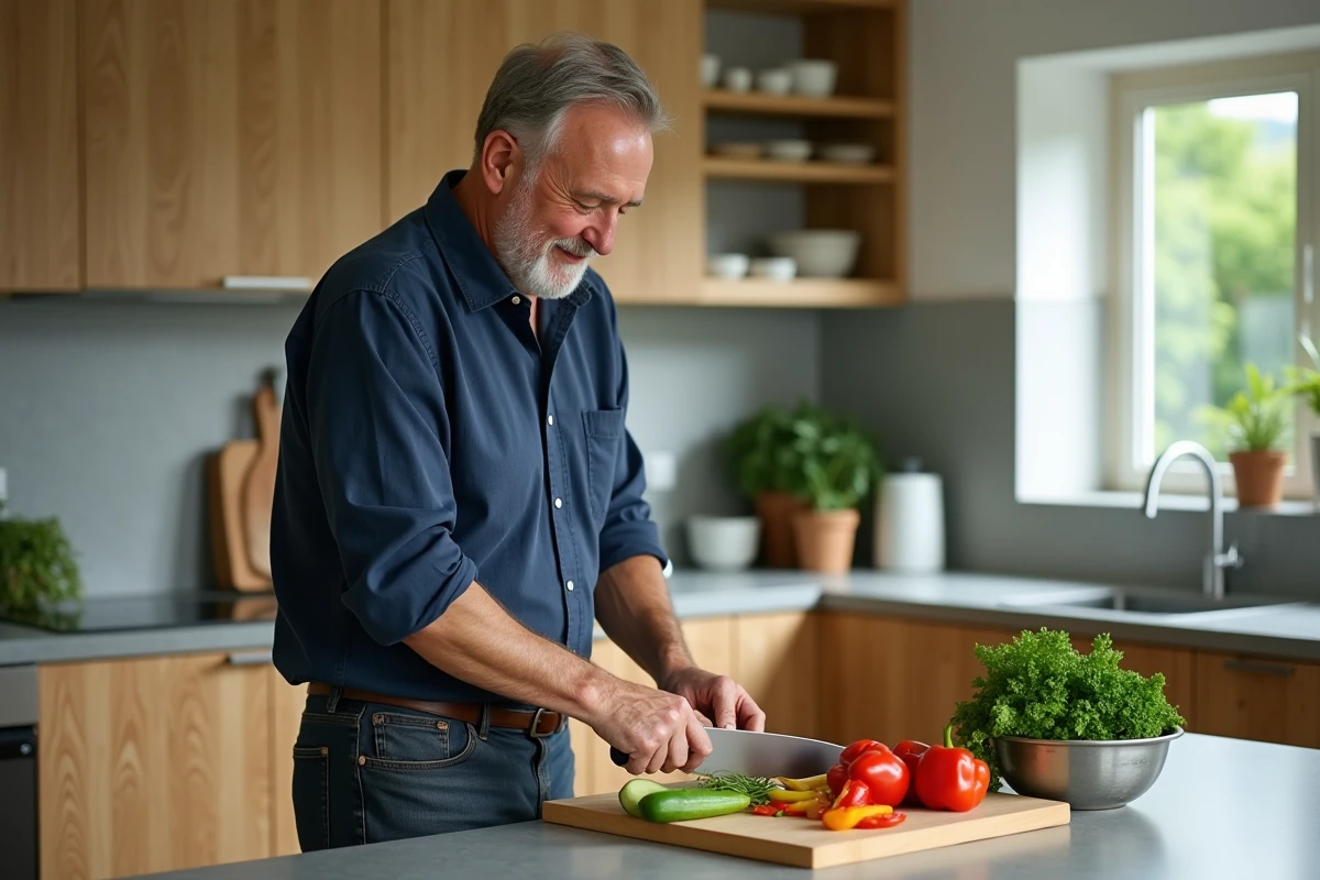 Homme préparant un repas sain avec des légumes frais dans une cuisine moderne pour prendre soin de sa santé au quotidien