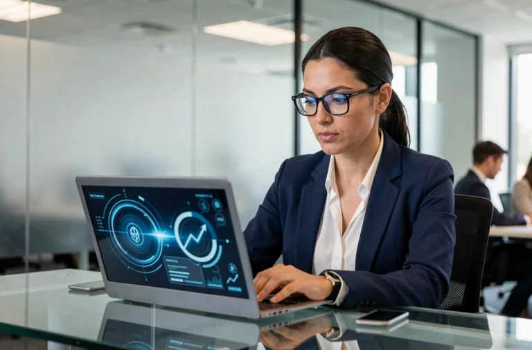 Femme professionnelle analysant des données chiffrées sur un ordinateur portable dans un bureau d'entreprise moderne