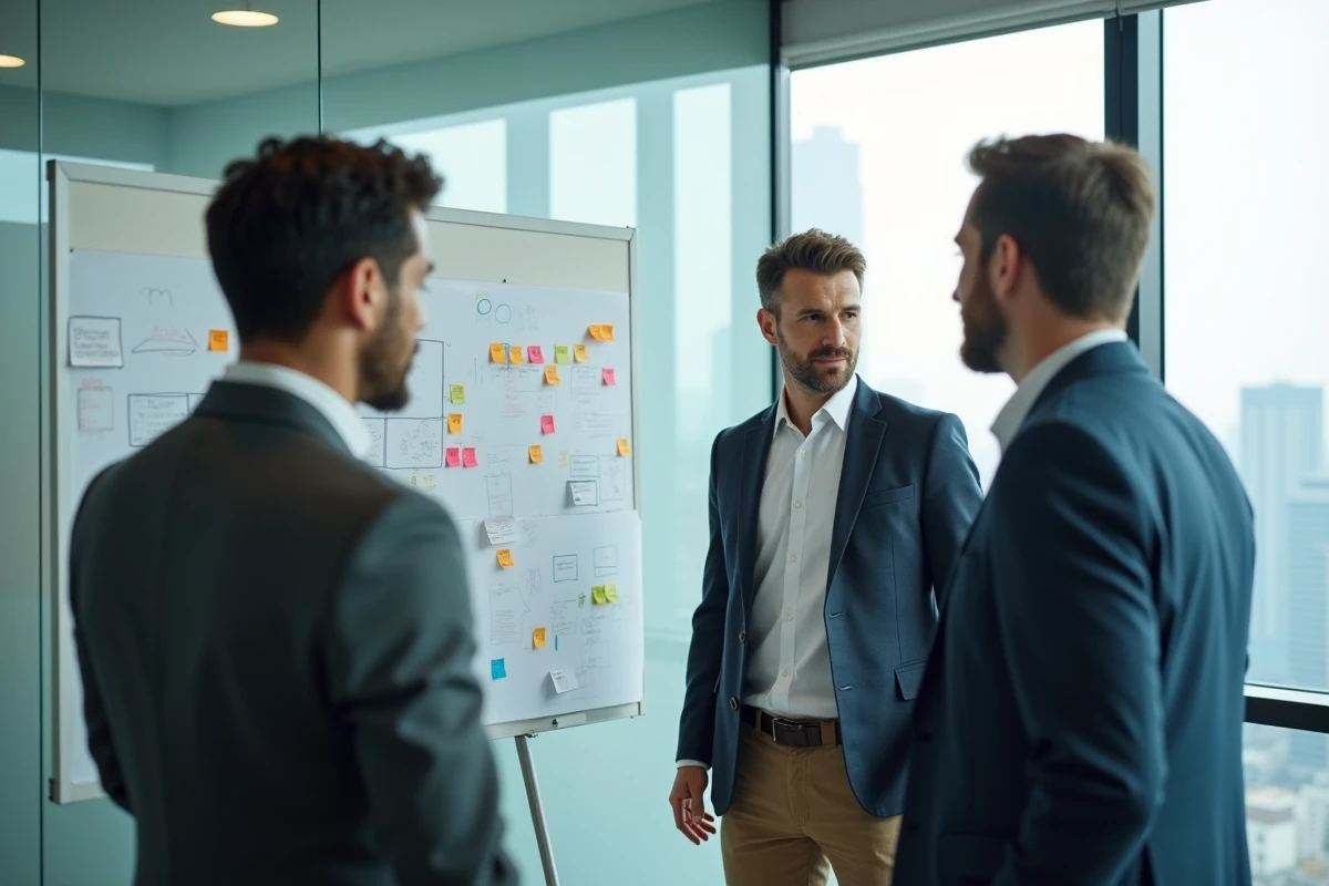 Équipe de professionnels en réunion stratégique autour d'un tableau blanc dans une salle de conférence moderne, symbolisant les opportunités de croissance offertes par le S Business Club