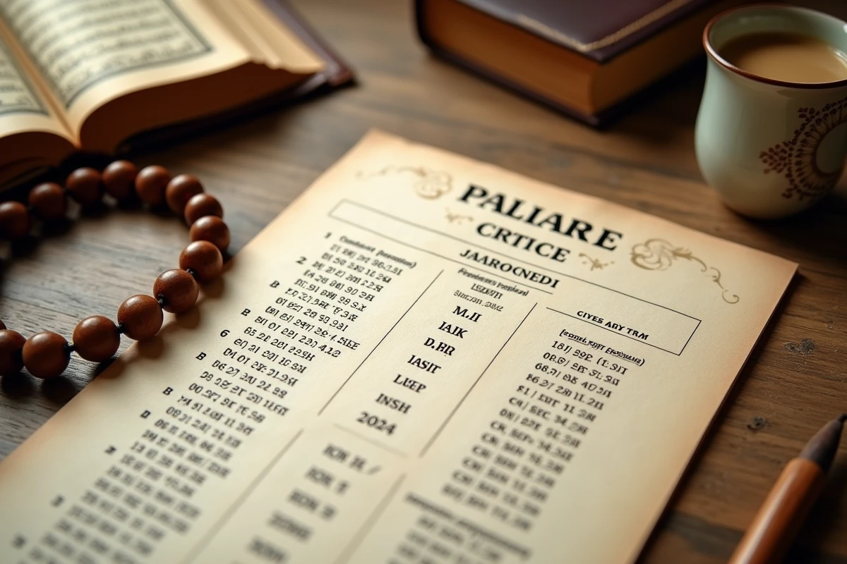 Tableau imprimé des horaires de prière islamiques posé sur un bureau avec chapelet et Coran