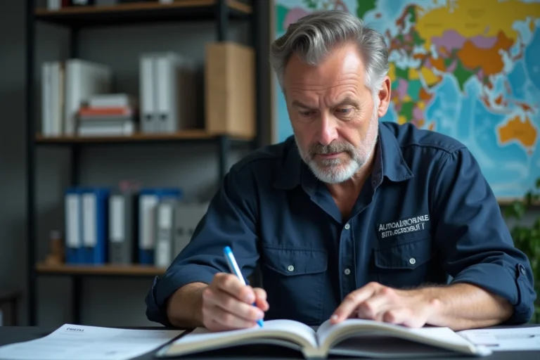 Technicien automobile en bureau lisant un livre spécialisé