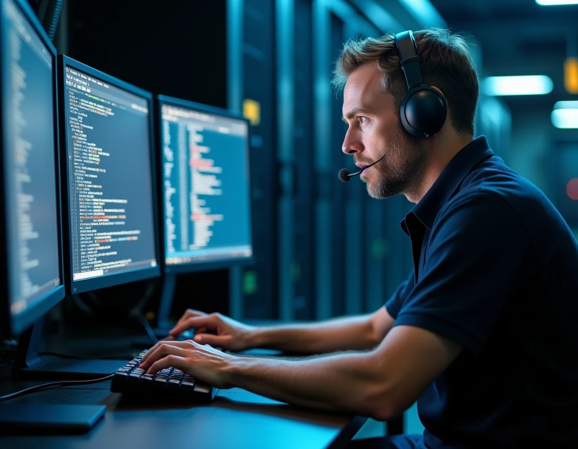 Technicien informatique résolvant un problème d'authentification réseau sur une station de travail multi-écrans