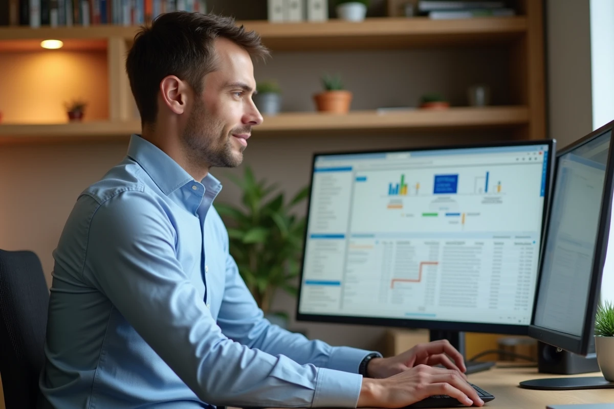 Homme en télétravail configurant un outil d'automatisation des processus métier sur double écran pour améliorer la productivité digitale de son entreprise