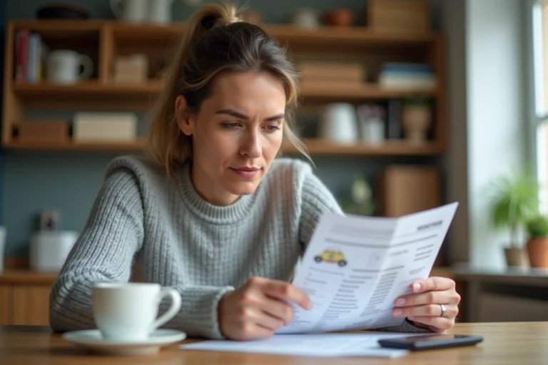 Femme vérifiant une carte grise de voiture après une vente entre particuliers à domicile