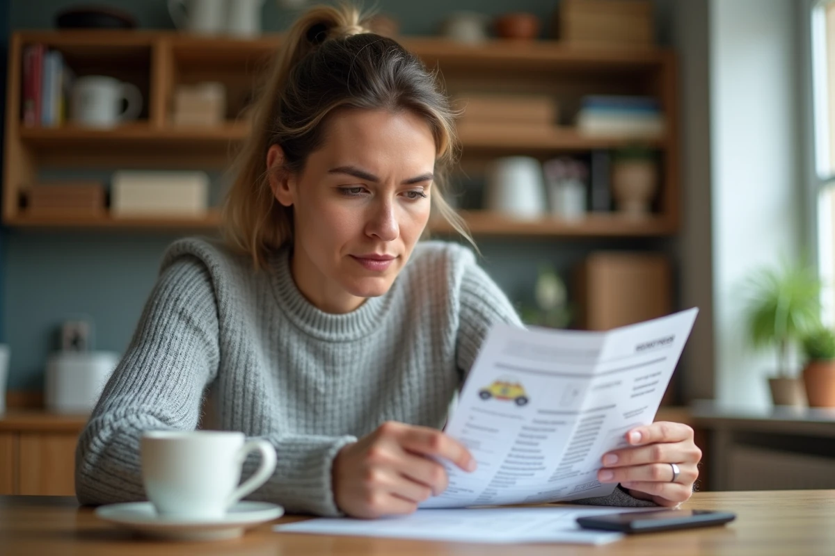 Femme vérifiant une carte grise de voiture après une vente entre particuliers à domicile