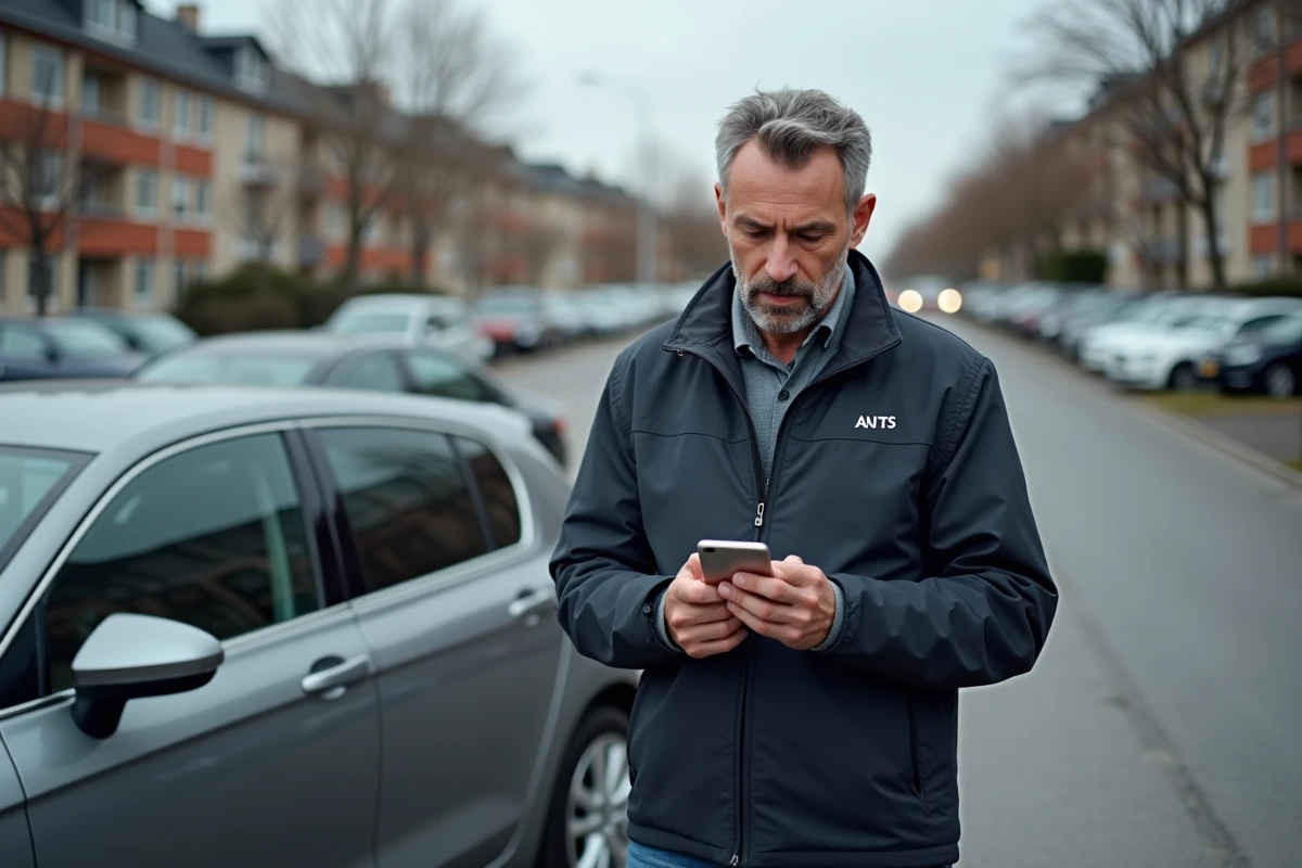 Homme vérifiant le changement de carte grise en ligne sur smartphone après la vente de son véhicule