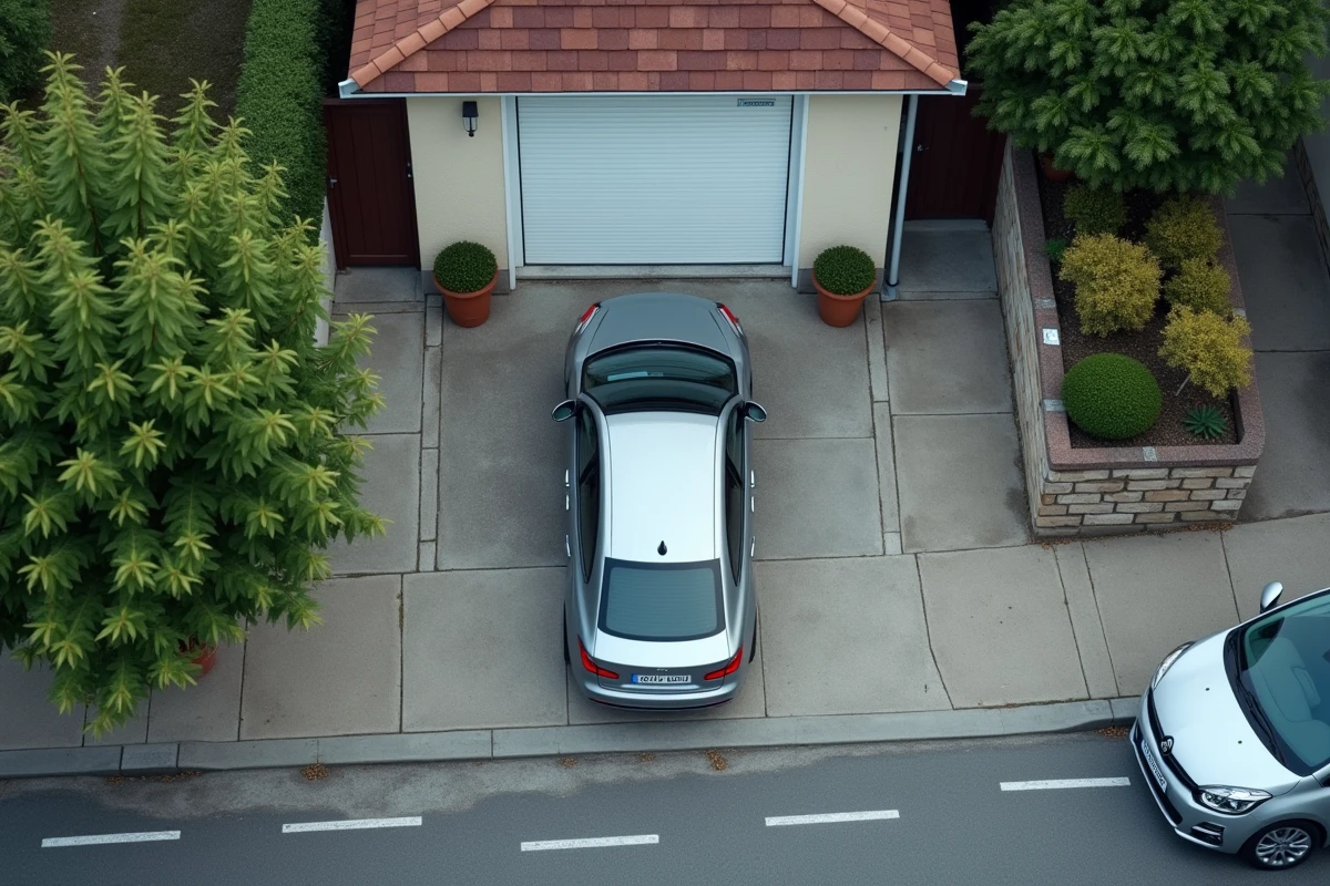 Vue en plongée d'une voiture sortant d'un garage résidentiel avec distance réglementaire respectée