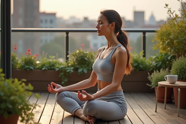 Femme pratiquant le yoga le matin sur un balcon en bois entouré de plantes vertes pour améliorer son bien-être quotidien